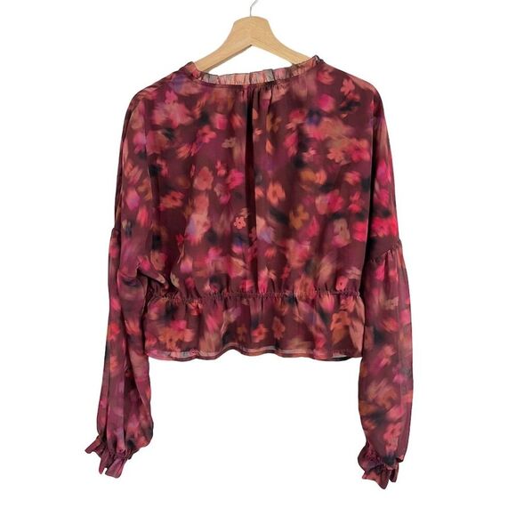 Steve Madden Women's Floral Chiffon Cropped Blouse V-Neck Long Sleeve M - Picture 5 of 6